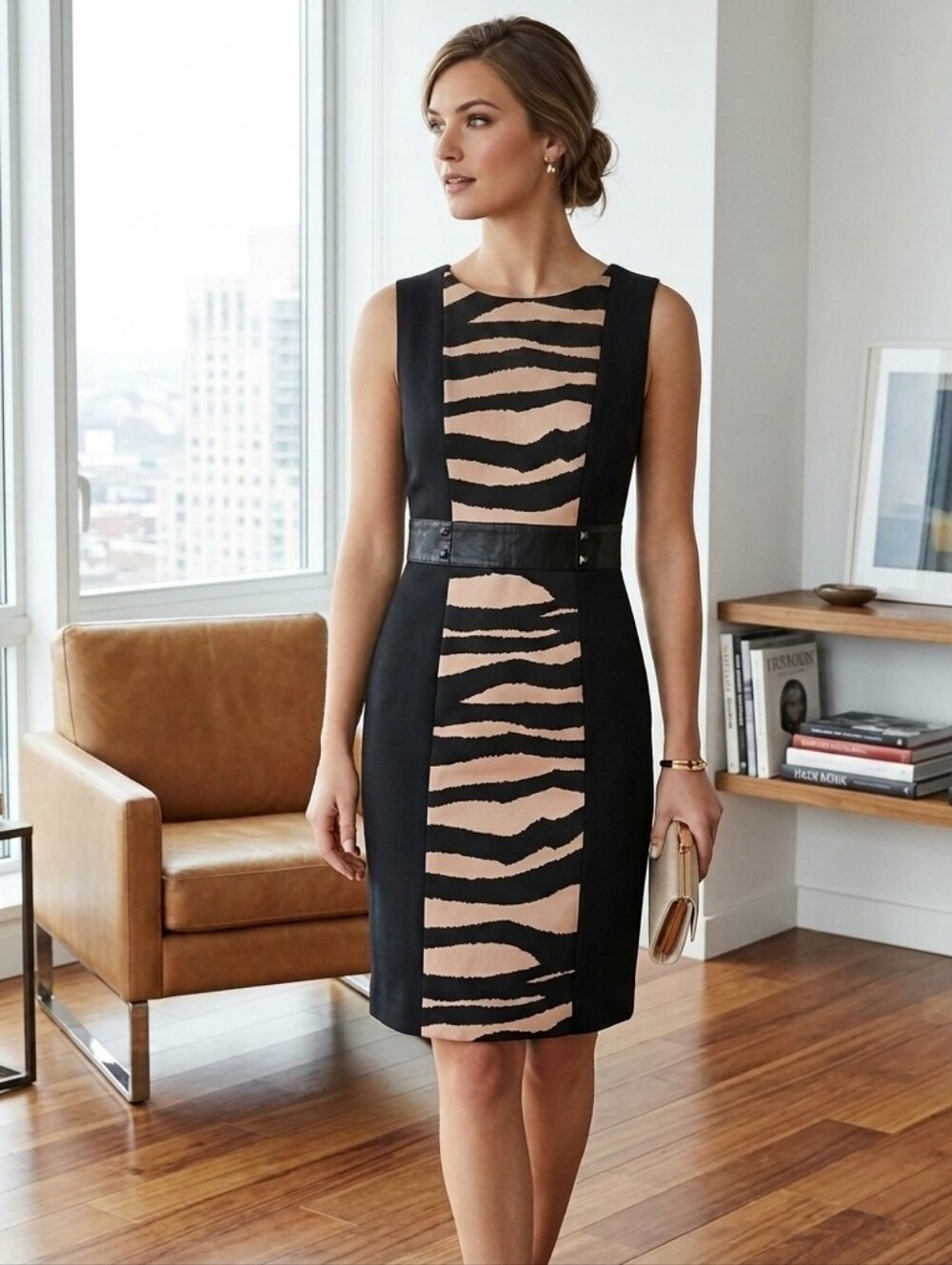 Tahari Arthur S. Levine Black & Tan Animal Zebra Print Studded Sheath Dress Sz 6